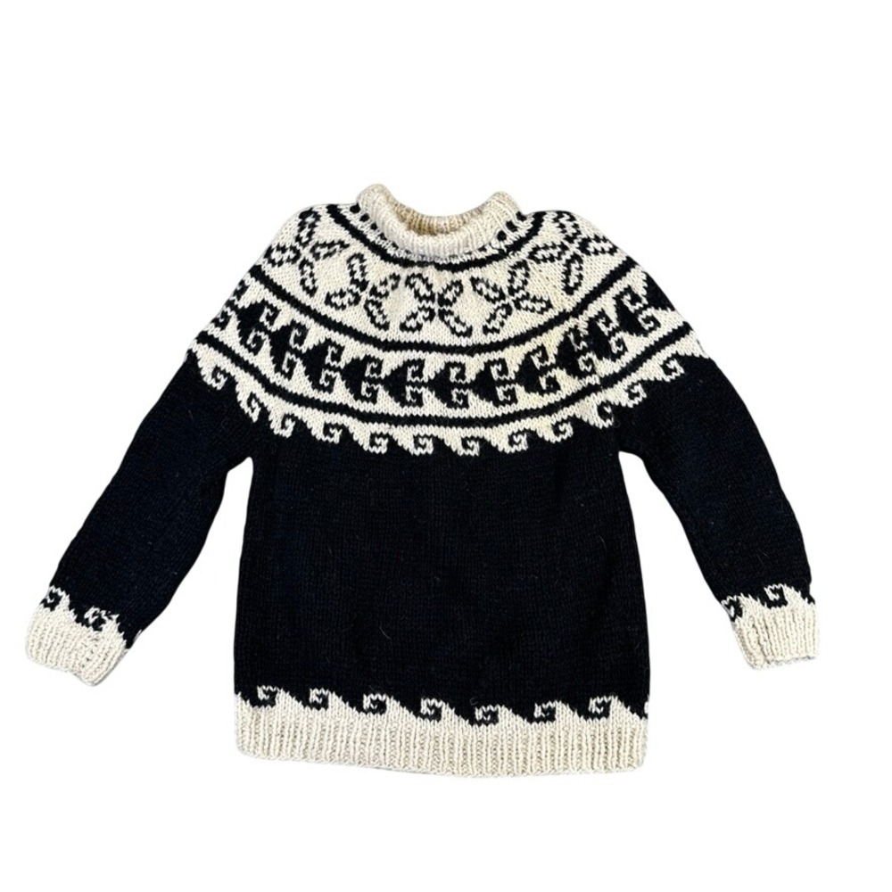 Handmade Wool Fair Isle Sweater Black Cream Chunky Knit Nordic Pullover